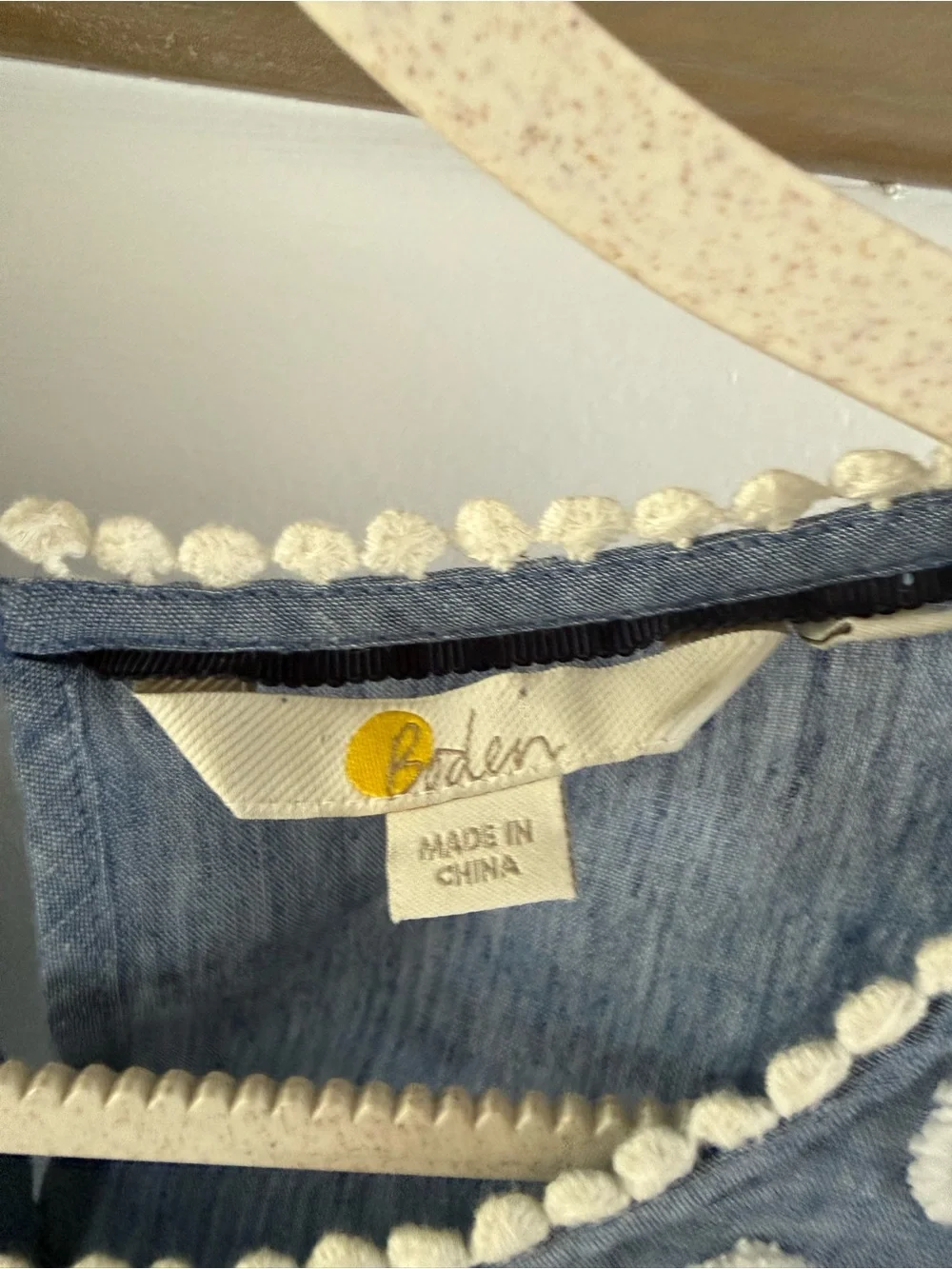 Boden Chambray Blue Cotton Top with White Pom Trim - Picture 2 of 3